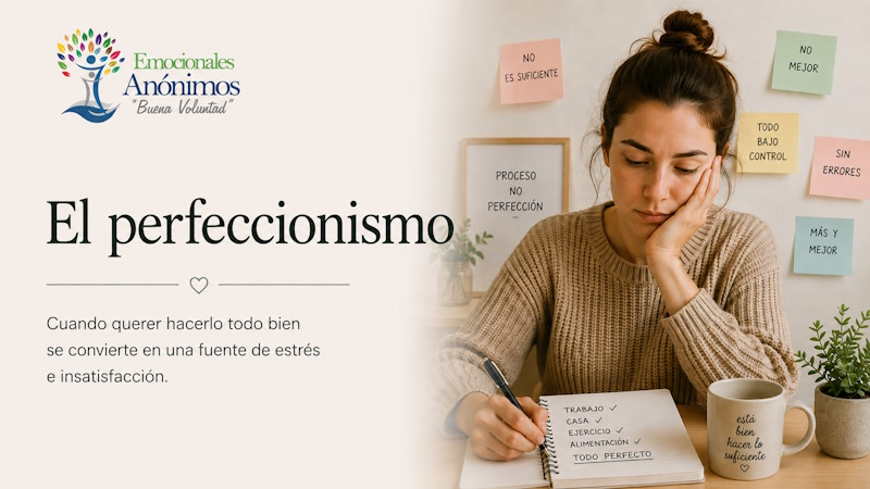 Imagen que acompaña el artículo sobre el perfeccionismo. Representa cómo la autoexigencia y la búsqueda constante de la perfección pueden generar estrés e insatisfacción, y transmite un mensaje de esperanza y recuperación a través del programa de Doce Pasos de Emocionales Anónimos.