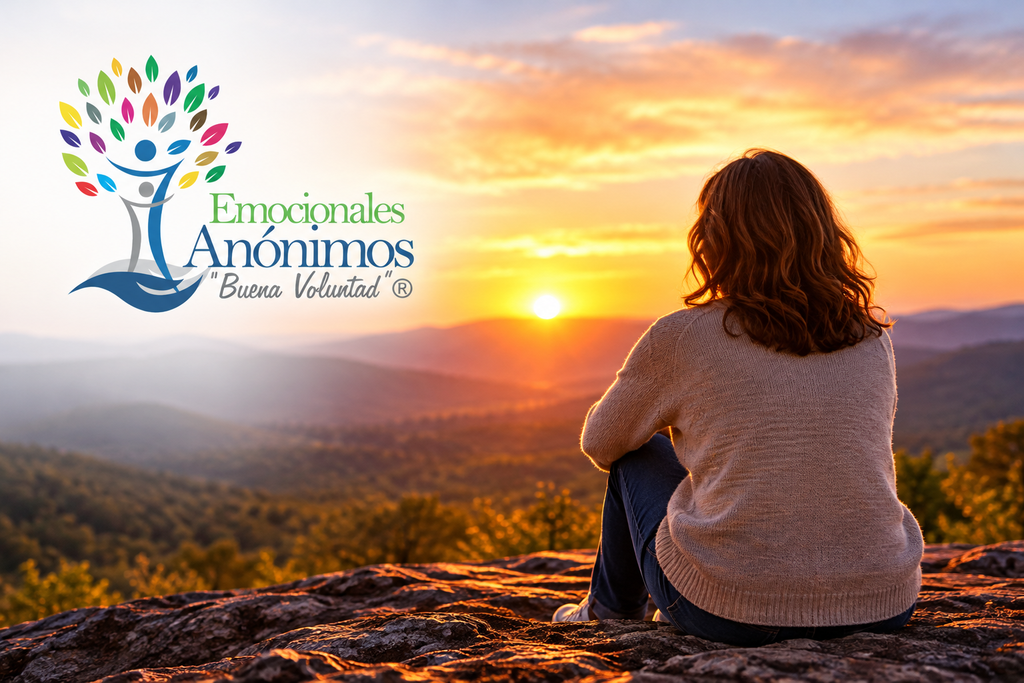 Mujer contemplando un atardecer junto al logotipo de Emocionales Anónimos, símbolo de serenidad y esperanza en la recuperación.