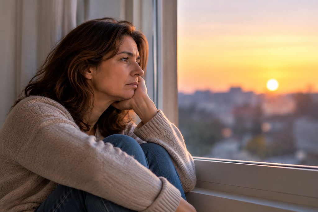 Mujer sentada junto a una ventana contemplando el atardecer, reflejando sentimientos de soledad emocional.